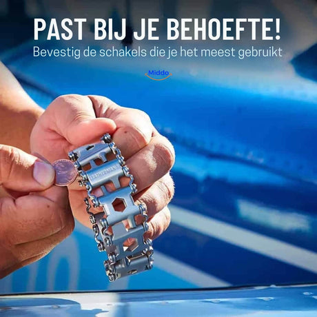 Multi-tool bracelet demonstrating practical on-wrist usability for everyday tasks.