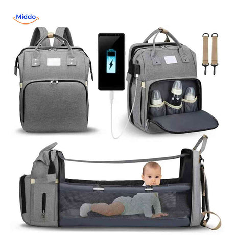 Multifunctional diaper backpack with foldable bassinet and integrated USB charging.