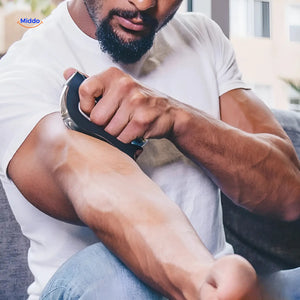 Person using Visiopro microcurrent massager for muscle recovery and relaxation.