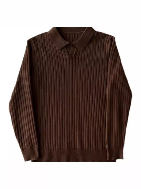 Brown MuscleFit polo sweater styled two ways, showing versatile fit.