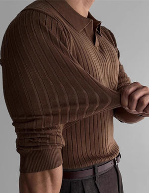 Brown MuscleFit polo sweater highlighting premium stretch fabric quality.