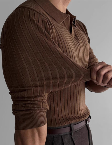 Brown MuscleFit polo sweater highlighting premium stretch fabric quality.