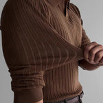 Brown MuscleFit polo sweater highlighting premium stretch fabric quality.