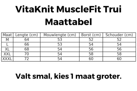 MuscleFit polo sweater sizing guide with detailed measurements.