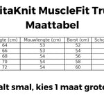 MuscleFit polo sweater sizing guide with detailed measurements.
