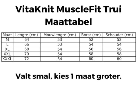 MuscleFit polo sweater sizing guide with detailed measurements.