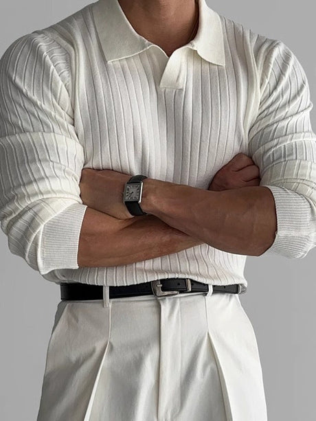 White MuscleFit polo sweater worn in lifestyle style, showing tailored fit.