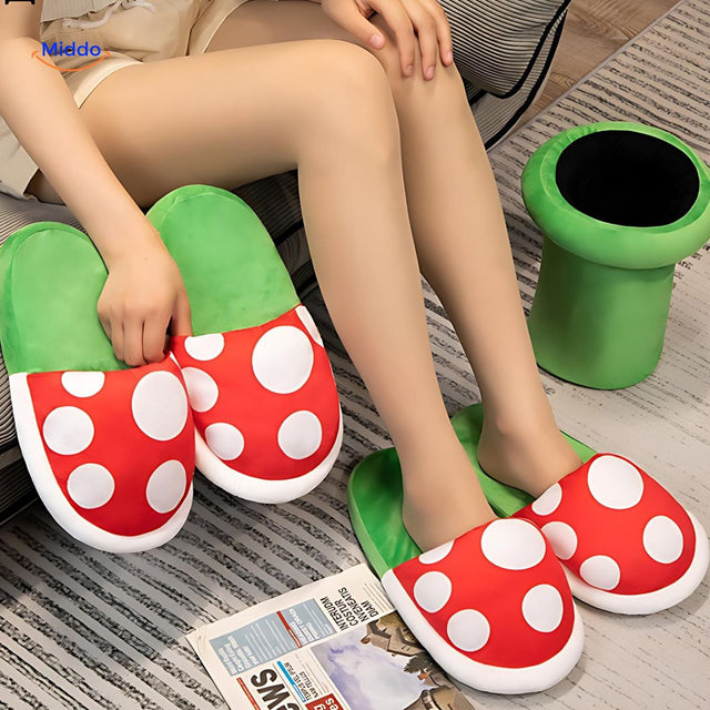 Cozy anime-themed mushroom slippers in warm cotton with cute gamer design.