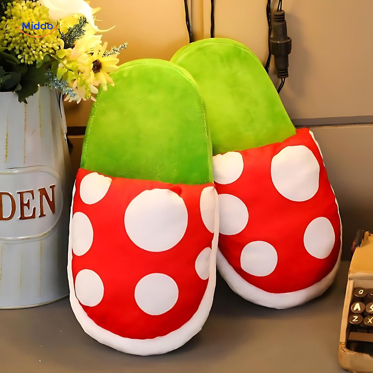 Cute anime-themed mushroom slippers combining playful design with cozy comfort.