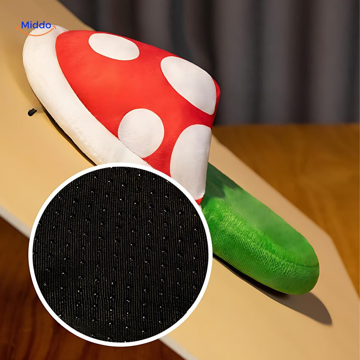 Close-up of soft cotton fabric and detailed anime character stitching on mushroom slippers.