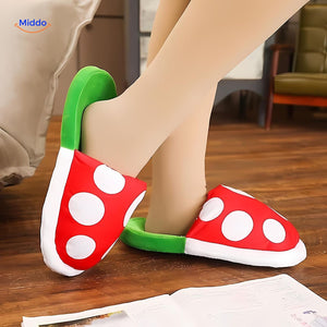 Gamer wearing warm mushroom slippers while relaxing at home or during gameplay.