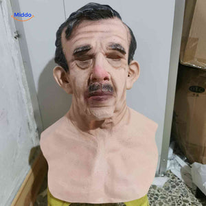 Aged old man mask with prominent mustache and detailed wrinkles.