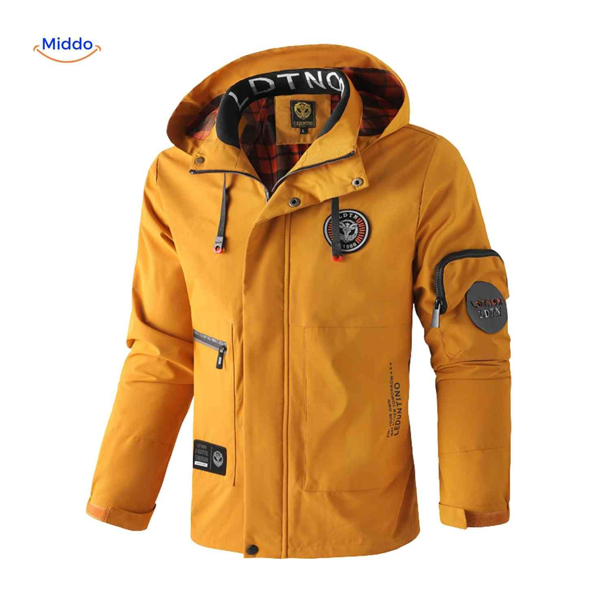 Mustard yellow wind-resistant men's winter jacket with chest emblem.