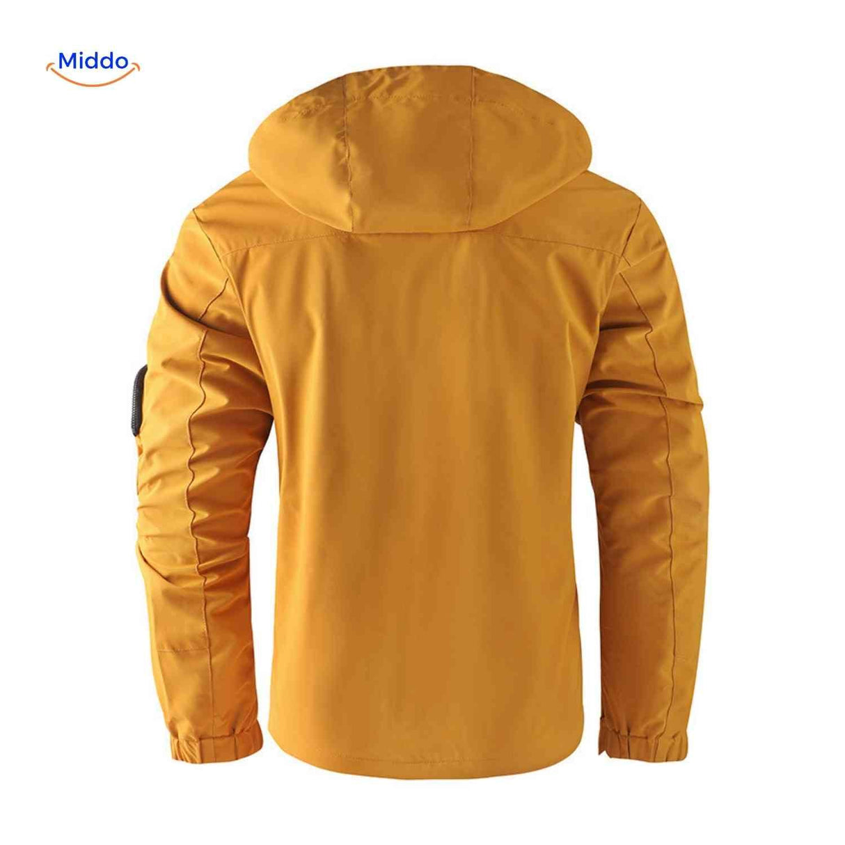 Mustard yellow waterproof men's outdoor jacket with hood and arm detail.