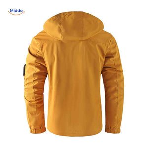 Mustard yellow waterproof men's outdoor jacket with hood and arm detail.