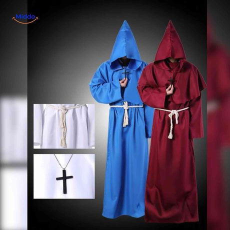 Mystical hooded monk robe costume with dramatic fabric and features.