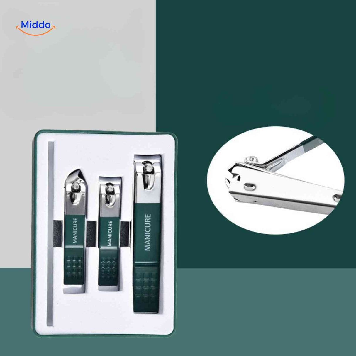Close-up detail of Clipora nail clipper showing multifunctional ergonomic design.