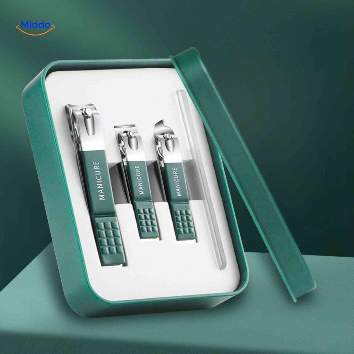 Clipora nail clipper set with green handles and luxury gift box packaging.