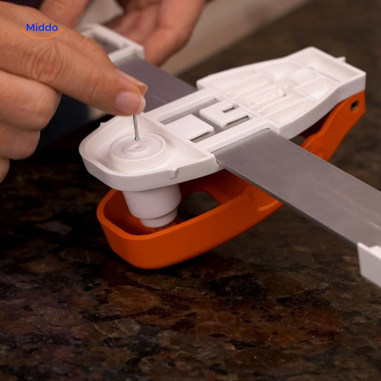Nail positioner with integrated level ensures perfectly straight picture frame installation.