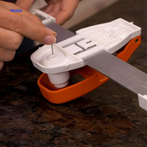 Nail positioner with integrated level ensures perfectly straight picture frame installation.