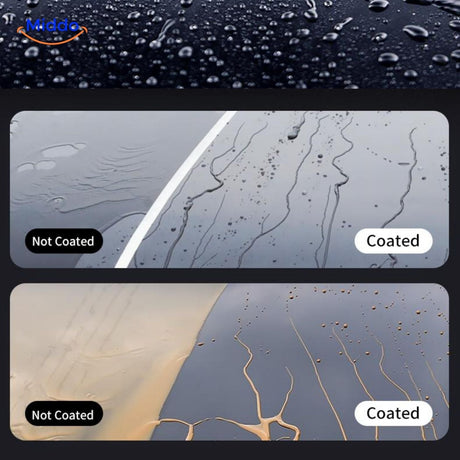 Side-by-side comparison of car glass with and without nano crystal coating showing water repellency