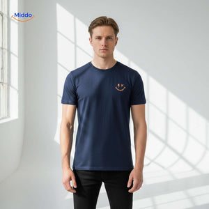 Navy blue cotton t-shirt with smiley print in casual men's style.