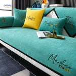 Classic navy blue sofa cover in soft chenille, offering timeless color for any living room aesthetic.