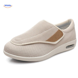 Double navy blue therapeutic shoes with breathable mesh construction.