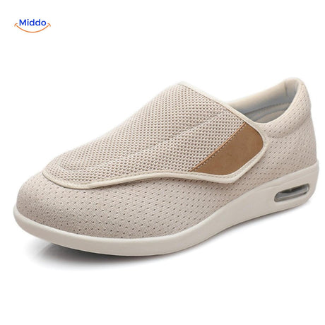 Double navy blue therapeutic shoes with breathable mesh construction.