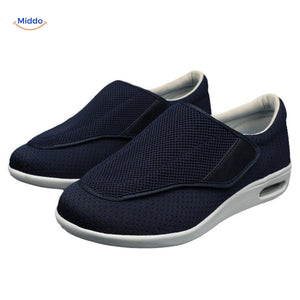 Navy blue comfort shoes with mesh upper for enhanced ventilation.