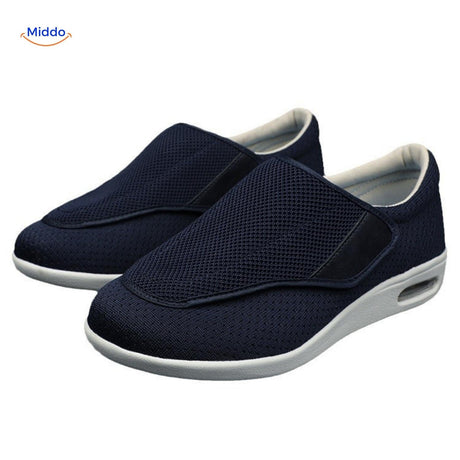 Navy blue comfort shoes with mesh upper for enhanced ventilation.