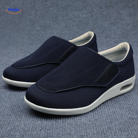 Navy blue comfort shoes with secure velcro support strap.