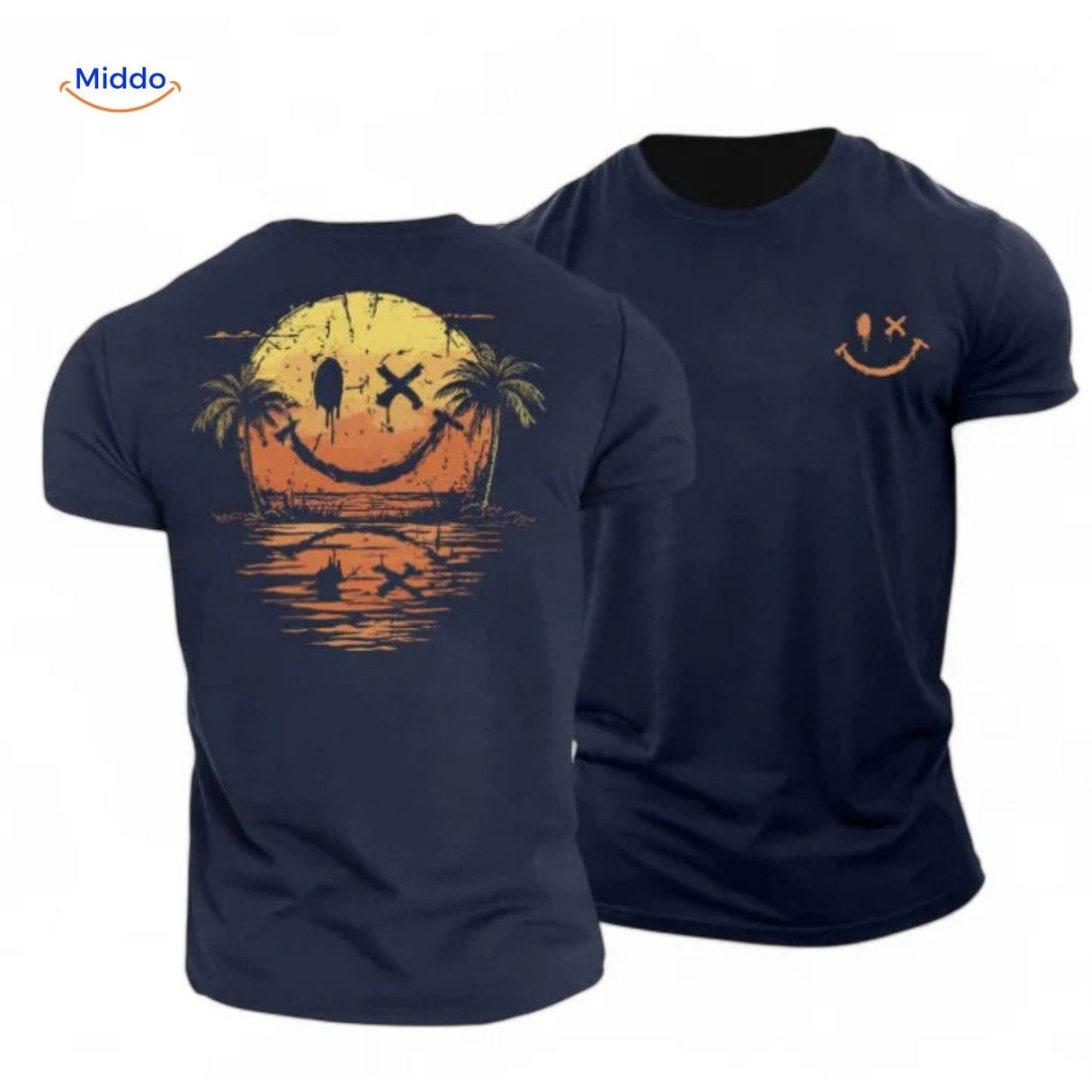 Navy blue cotton t-shirt with sunset smiley print design.