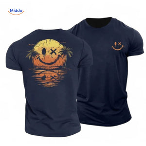 Navy blue cotton t-shirt with sunset smiley print design.