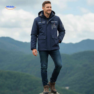 Dark blue wind-resistant men's outdoor jacket with hood and flap pockets.
