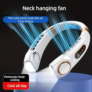 Black portable neck fan with multi-setting controls and energy-efficient personal cooling device.