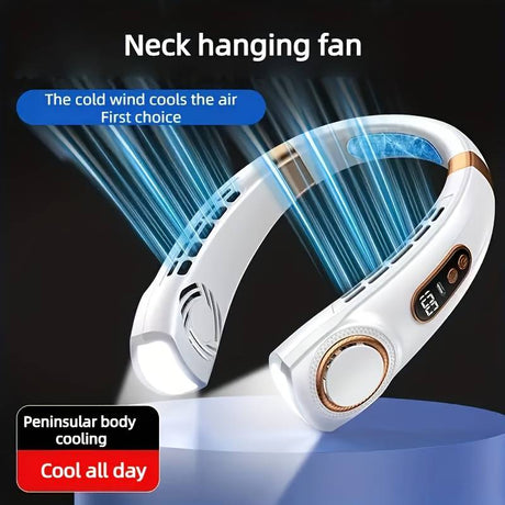 Black portable neck fan with multi-setting controls and energy-efficient personal cooling device.