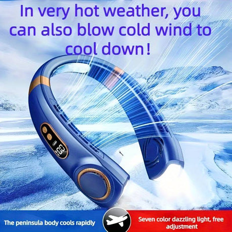 Blue portable neck fan in use during active outdoor activities with strong airflow cooling.