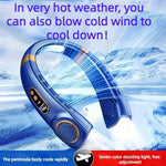 Blue portable neck fan in use during active outdoor activities with strong airflow cooling.