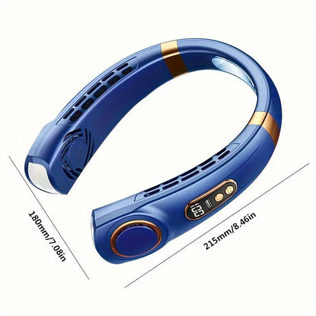 Blue neck fan with stylish design, efficient cooling technology, and flexible band comfort.