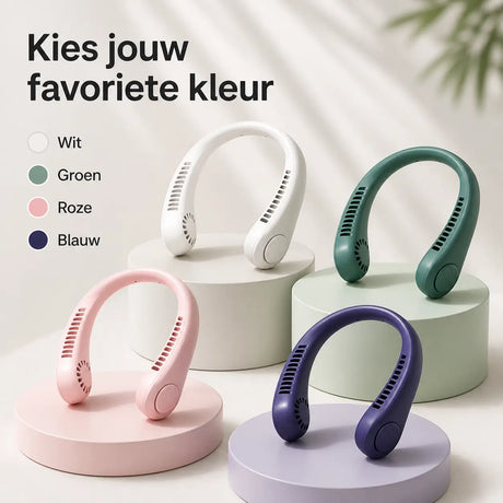 Neck fan available in white, green, pink, and blue color choices.