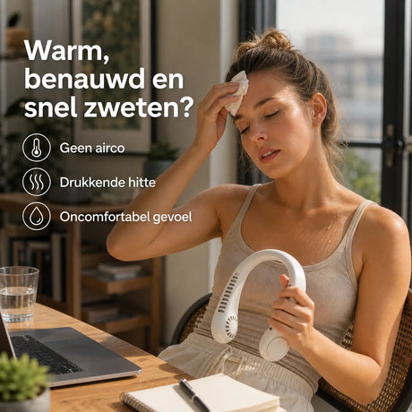 Neck fan cooling relief for hot weather and perspiration without AC.