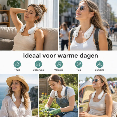 Neck fan in use while cooking, working, and walking outdoors.