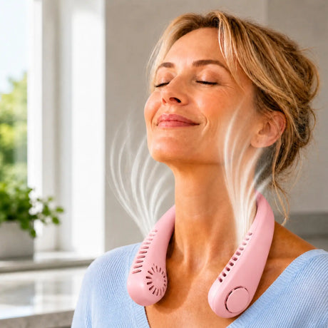 NekFan portable neck fan in pink color option.