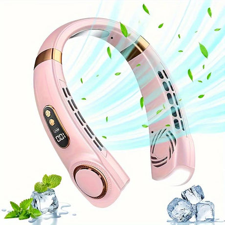 Compact pink neck fan delivers rapid cooling with lightweight design for portable convenience.