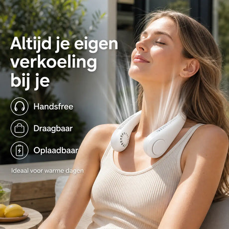 NekFan portable neck fan in white with hands-free wearing comfort.