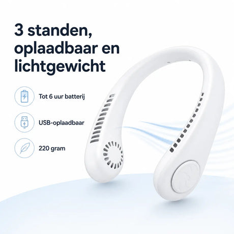 Neck fan features with 3-speed settings, USB rechargeable, lightweight.