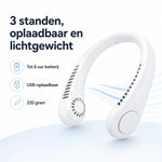 Neck fan features with 3-speed settings, USB rechargeable, lightweight.