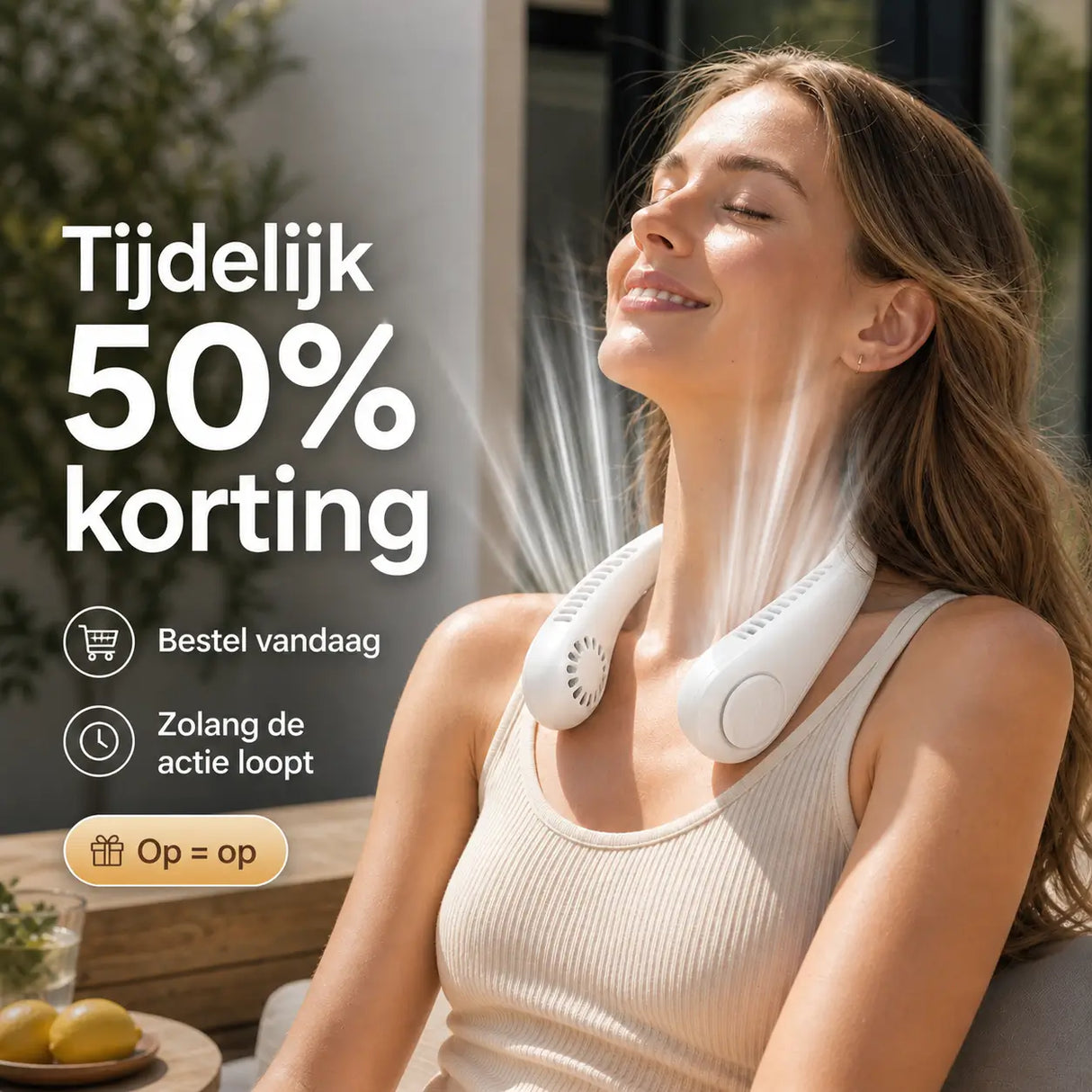 Limited-time 50% discount on portable neck fan cooling solution.