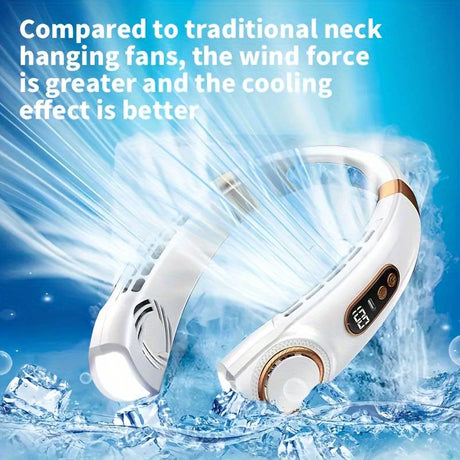 White ergonomic neck fan featuring high-velocity cooling technology and energy-efficient operation.
